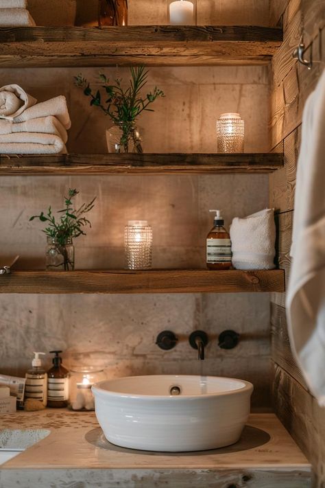 Natural Element Bathroom, Rustic Minimalist Bathroom, Spanish Inspired Bathroom Ideas, Boutique Hotel Decor Ideas, Cozy Half Bathroom Ideas, Ideas For Bathroom Storage, Bathroom Ideas Western, Small French Bathroom, Cemcrete Bathroom