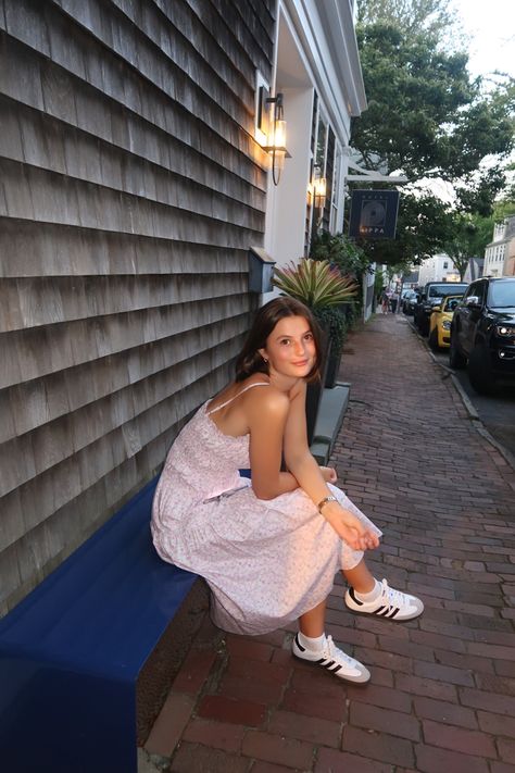 Sambas, outfit inspo, nantucket, nantucket outfit, summer inspo, midi dress, aesthetic, samba outfit, white sambas Spring Samba Outfit, Nantucket Outfit Summer, Midi Dress Aesthetic, White Samba Adidas Outfit, Style Adidas Samba, Nantucket Outfit, Adidas Samba Outfit Women, Sambas Adidas Women Outfit, Sambas Outfit