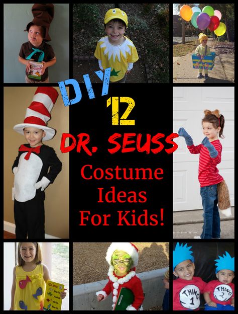 12 DIY Dr. Seuss Costume Ideas for Kids! Amazing Dr Seuss costumes kids will love to wear, and that are EASY for parents to make!   Cat in the Hat Costume, Thing 1 and Thing 2 Costumes, and more! Dr Seuss Costume Ideas, Dr Seuss Diy Costumes, Dr. Seuss Costumes, Dr Suess Characters, Seuss Costumes, Dr Seuss Costumes, Storybook Character Costumes, Dr Suess Week, Dr Seuss Characters