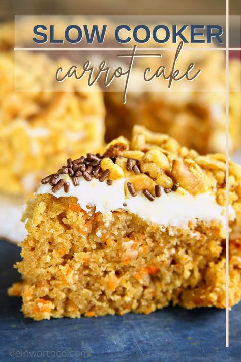 Slow Cooker Carrot Cake is the perfect dessert recipe for spring, summer or fall. Just whisk the ingredients & let your crockpot do the rest. Just add cream cheese frosting. Slow Cooker Cake, Paleo Mug Cake, Reuben Dip, Slow Cooker Bread, Slow Cooker Baking, Quinoa Chili, Crockpot Dessert Recipes, Yellow Cake Recipe, Crock Pots