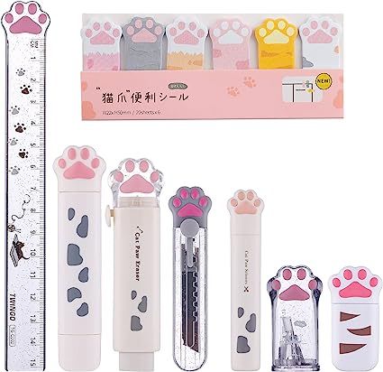 Amazon.com : 8 Pcs Cute Cat Paw Stationery Set Kawaii School Supplies Including Pencil Sharpener Retractable Eraser Correction Tape Sticky Notes Ruler Mini Scissors Utility Knife for Cat Lovers Students (White) : Office Products Kawaii, Cat School Supplies, Kawaii School Supplies Stationery, Mini Scissors, School Guide, Scissors Design, Kawaii School, Cute Stationary School Supplies, Kawaii School Supplies