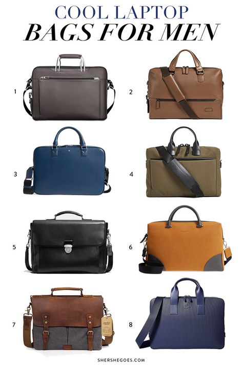 here are 8 cool laptop bags for men from our favorite stylish mens brands. whether you want to upgrade your laptop briefcase or get a classic leather laptop messenger bag, we've rounded up lots of options. #mensfashion, #menstyle, #laptop, tech bags, tech gear, business travel Mens Work Bag Business Casual, Men Briefcase Fashion, Side Bags For Men Mens Fashion, Men’s Laptop Bag, Men Work Bag, Men’s Briefcase, Laptop Bags For Men Style, Office Bag For Men, Mens Work Bags