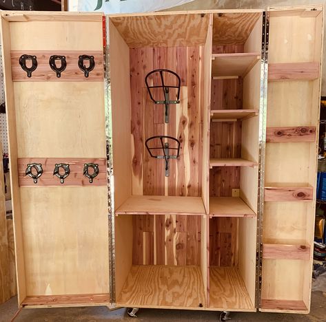 Custom tack locker with cedar lining for a VIP customer. Call us today for yours!  #barn #stable #horse #mdbarnmaster #nucor #polebarn #tack #saddle #equestrian #farm #premierequestrianbuilders #construction #contractor #stables #runin #paddock #arena #ridingring #fence #stall  Www.premierequestrianbuilders.com Horse Tack Boxes, Tack Locker, Tack Room Organization, Horse Tack Rooms, Coming Soon Landing Page, Tack Trunk, Horse Farm Ideas, Tack Box, Diy Horse Barn