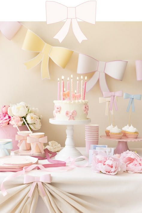 Bows And Blooms Birthday, Itty Bitty Pretty One Birthday, Dessert Table First Birthday, Kids Birthday Table Set Up, First Birthday Cake Table, Bow First Birthday Party, Bow Birthday Party Ideas, Ballerina Party Food, Bow Themed Birthday Party