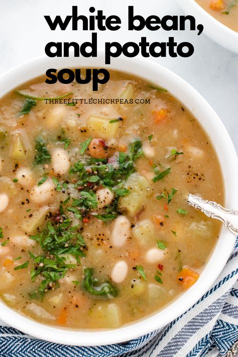 Creamy and flavor-packed white bean and potato soup with kale. White Bean Potato Soup, Potato Soup With Kale, Bean Potato Soup, Bean And Potato Soup, Soup With Kale, White Bean Soup Recipes, Bean Soup Recipes, White Bean Soup, Vegetarian Soup