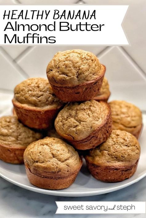 Almond Butter Food Ideas, Banana Almond Butter Muffins, Almond Butter Muffins, Almond Butter Snacks, Banana Almond Butter, Butter Muffins, Almond Butter Recipes, Healthy Banana Muffins, Banana Oat Muffins