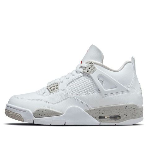 This Air Jordan 4 features an all-White tumbled leather upper detailed with speckled Cement Grey on the plastic eyelets and midsole. Moreover, branding comes in the form of Jumpman logos at the tongue and outsole atop a White rubber sole completes the design. SKU: CT8527-100 Release Date: Jul 3,2021 Color: White/Tech Grey/Black/Fire Red Nike Air Jordan 4, Jordan 4s, Jordan Shoes Retro, Jumpman Logo, Cute Nike Shoes, Jordan 4 Retro, Black Fire, Air Jordan 4 Retro, Air Jordan 4