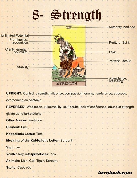 Strength Tarot Card Meanings, Keywords, Symbolism, Love, and Career | Tarot Oak Strength Tarot Meaning, Tarot Strength Card, Tarot Card Strength, Tarot Strength, Tarot 101, Tarot Card Meanings Cheat Sheets, Career Tarot, Strength Tarot Card, Tarot Symbolism