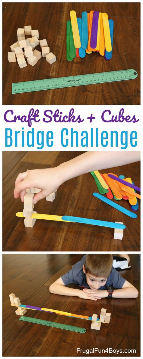 Bridge Building STEM Challenge:  Build the longest possible bridge with craft sticks and wooden cubes. Stem Bridges, Bridge Challenge, Popsicle Stick Bridges, Construction Theme Preschool, Building Challenge, Steam Ideas, Leadership Activities, Construction Activities, Stem Crafts