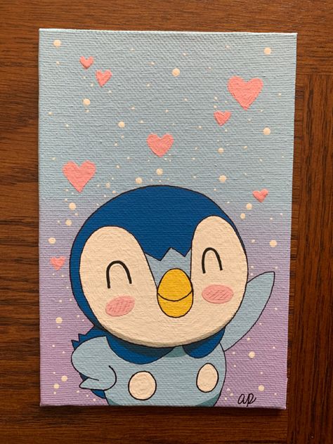 Cute Pokemon Paintings, Pokemon Canvas Painting Easy, Piplup Painting, Cute Character Paintings, Cute Animal Canvas Paintings, Canvas Asthetic Paintings Easy, Disney Themed Paintings, Acrylic Painting Cartoon Characters, Kawaii Painting Ideas