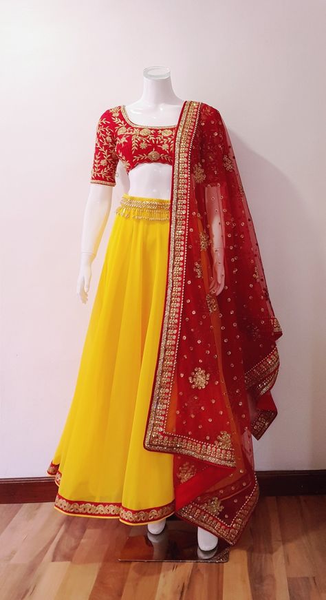 Indulge yourself in this simple yet beautiful yellow lehenga set this wedding season by Sweta Acharya! Can be custom-made in any colour of your choice and style. For shipment and queries please do inbox or Viber us at 9851218200. We offer the best shipment charge World wide. Happy Shopping :) Team SA.  #traditionalwear #lehengasetsbySA #lehengacholi #customized #handembroidered #kathmandu #SA #Swetaacharya #embracethequeeninyou #happyclient #staychicandstylist  #yellowandredlehengaset #nepalides Yellow Lehenga Color Combos, Lehenga Color Combos, Sangeet Dress, Maroon Lehenga, Haldi Dress, Yellow Lehenga, Designer Lehengas, Lehnga Dress, Fancy Jewellery Designs