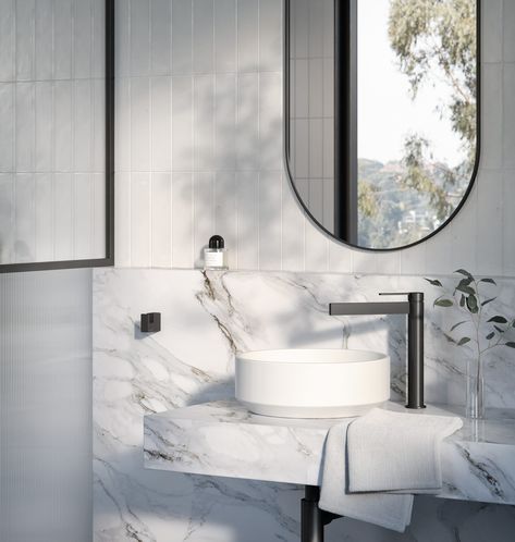 Modernist bathrooms – the trend that’s here to stay - Phoenix Tapware Common Bathroom Design, Avocado Bathroom Suite, Phoenix Tapware, Linear Architecture, Common Bathroom, Grand Designs Australia, Geometric Accessories, Glazed Brick, Floating Cabinets