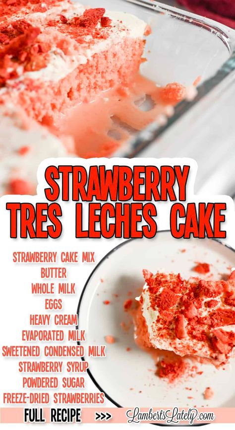 Strawberry Tres Leches Cake features a rich strawberry cake soaked in three different kinds of strawberry-flavored milk and covered with whipped cream and crunchy freeze-dried strawberries. Pumpkin Tres Leches Cake, Strawberry Tres Leches Cake, Strawberry Tres Leches, Chocolate Tres Leches Cake, Berry Cobbler Recipes, Strawberry Crunch Cake, Tres Leches Cake Recipe, Leches Cake, Crunch Cake