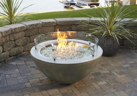 Round Propane Fire Pit, Bohemian Backyard, Glass Fire Pit, Cool Fire Pits, Round Fire Pit, Stone Fire Pit, Gas Fire Pit Table, Propane Fire Pit, Covered Pergola