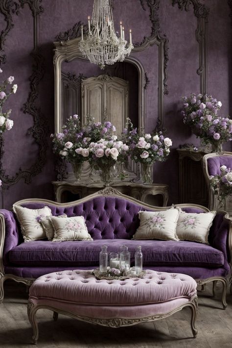 Antique Living Room Vintage Victorian, Opulent Living Room, Purple House Interior Ideas, Country Victorian Decor, Gilded Mirrors, French Country Wall Art, Victorian Purple, French Country Wall Decor, French Country Interior