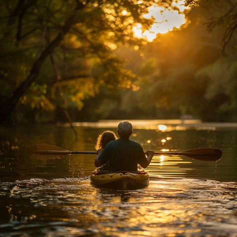 Serene Kayaking Adventure: Backlit by a golden sunset, two people share a quiet kayaking trip down a tranquil river. #kayaking #sunset #river #paddling #adventure #serenity #golden #water #aiart #aiphoto #stockcake https://ayr.app/l/dG76 Kayaking Sunset, Kayaking Aesthetic, River Kayaking, Light Filters, Kayak Paddle, Kayak Adventures, Golden Sunset, Kayak Trip, Down The River