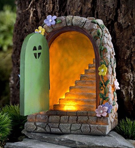 Stone Door, Fairy Garden Doors, Balkon Decor, Fairy Tree Houses, Tree Statues, Fairy Accessories, Faeries Gardens, Fairy Tree, Fairy Garden Houses