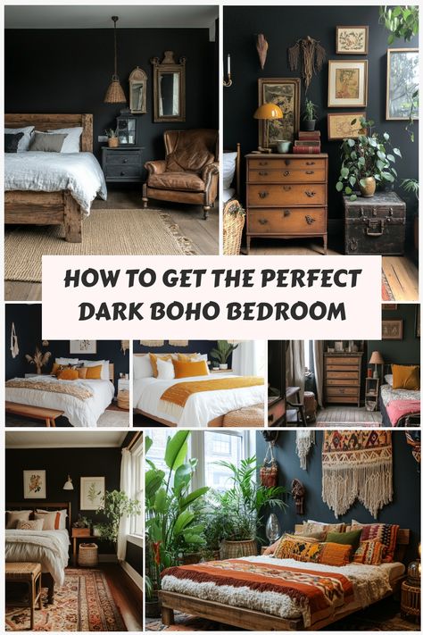 If you want a boho bedroom that isn't all bright colors then this guide to dark boho bedroom decor ideas and tips is for you. Boho Earth Tone Bedroom, Moody Green Boho Bedroom, Black Furniture Boho Bedroom, Bedroom Decor Terracotta, Moody Earthy Bedroom, Dark Cosy Bedroom, Black And Wood Bedroom, Boho Master Room Bedroom Ideas, Black Bedframe Bedroom Ideas