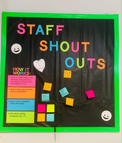 Teacher Shout Out Bulletin Board, Staff Appreciation Bulletin Board Ideas, Staff Shout Out Bulletin Board, Appreciation Bulletin Board Ideas, Staff Shout Out Board, Shout Out Bulletin Board, Employee Bulletin Board Ideas, Shout Out Board, Shoutout Board