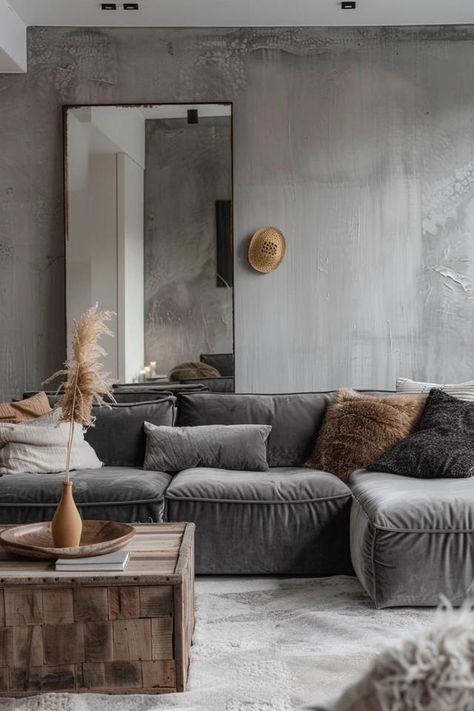 Chic Grey Velvet Sofa Living Room Styles &amp; Tips Dark Gray Velvet Sofa, Charcoal Velvet Sofa, Grey Velvet Sofa Living Room, Velvet Sofa Living Room Ideas, Velvet Grey Sofa, Gray Velvet Sofa, Light Gray Sofa, Organic Couch, Gray Velvet Couch