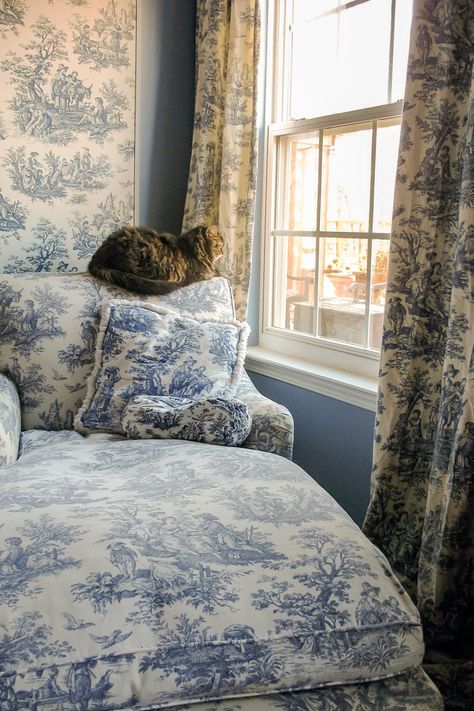 The chaise makes a perfect place to sit and relax (and look out the window) - From Beige to Toile - A Builder Grade Bedroom Makeover | www.fromh2h.com Toile Bedroom, Painting The Ceiling, Iron Canopy Bed, Blue And White Toile, Dramatic Bedroom, Wrought Iron Beds, Wrought Iron Bed, French Country Bedrooms, Builder Grade