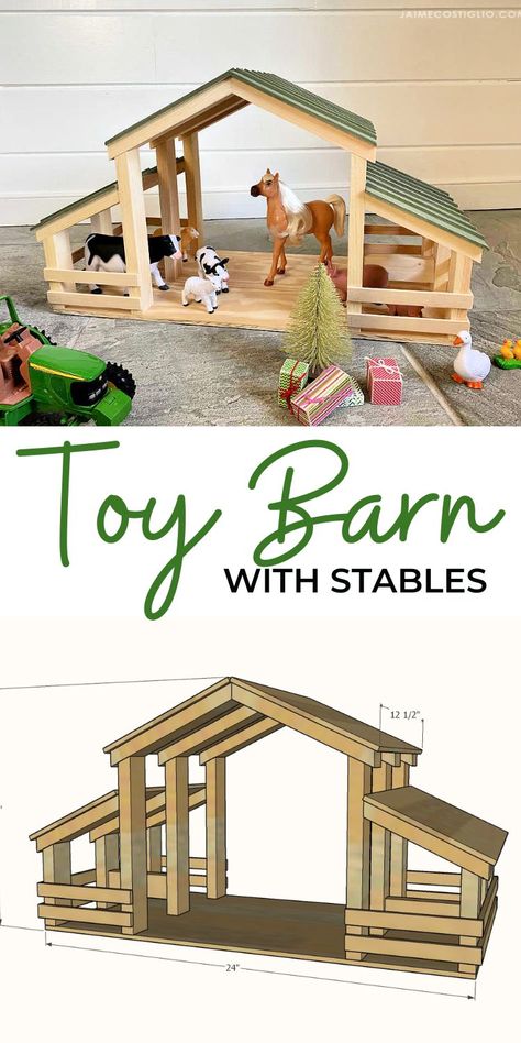 Kid Wood Projects Easy, Toy Barn Diy Wooden, Diy Toy Horse Stable, Diy Manger, Diy Wooden Toys Plans, Wooden Toy Barn, Farmhouse Toys, Toy Horse Stable, Kids Barn