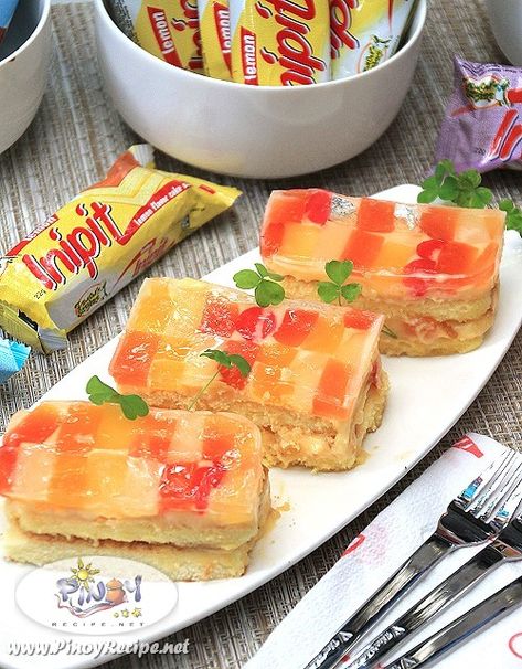 Inipit Crema de Fruta by Pinoy Recipe Pinoy Merienda, Lemon Square, Recipe Using Lemons, Pinoy Recipe, Pinoy Foods, Popular Dessert, Fruity Cake, Filipino Foods, Lemon Squares