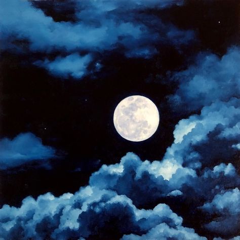 “Indigo Blue Moon” (2018) Comic Art Moon At Night Painting, Cloud And Moon Drawing, Moonscapes Painting, Moon On Water Painting, Moon With Clouds Painting, Moon And Clouds Painting Acrylic, Moon Painting Acrylic Night Skies, Blue Moon Painting Acrylic, Night Sky Moon Painting