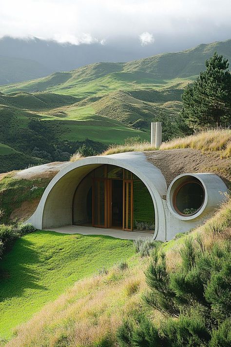 Earth sheltered modern house with round doors and windows overlooking green New Zealand mountains. Check out all of these stunning houses built into the hillside that look like they belong in a fairy tale. Build Into Hillside, Shelter House Ideas, Hobbit Inspired House, Subterranean Homes, Built Into Hillside, Earthship Home Plans, House Built Into Hillside, Stunning Houses, New Zealand Homes