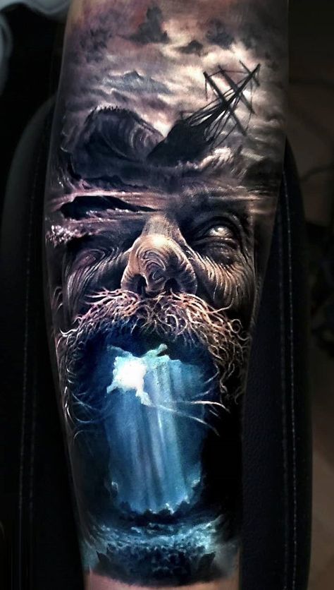 Reddit - tattoo - Poseidon stormy forearm piece by Arlo DiCristina, artist and owner of Elysium Studios in Grand Junct… | Viking tattoos, Poseidon tattoo, 3d tattoo Arlo Tattoo, Arlo Dicristina, Face Morph, Poseidon Tattoo, Creaturi Mitice, Egiptul Antic, Pirate Tattoo, Tato Lengan, Men Tattoos Arm Sleeve