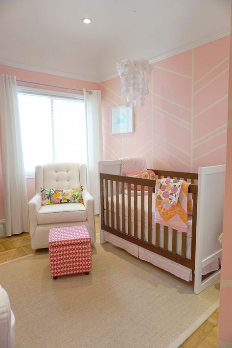 Project Nursery - Modern Pink and White Nursery Pink And Orange Nursery, Herringbone Nursery, Painting A Crib, Smart Nursery, Orange Nursery, Floral Mobile, Room Clothes, Trendy Nursery, Room Neutral