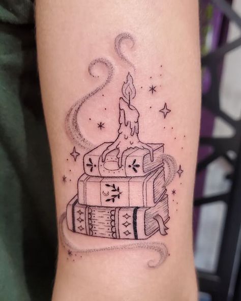 Book Of Spells Tattoo, Book Witch Tattoo, Books Stacked Tattoo, Book Of Life Tattoo Ideas, Magical Book Tattoo Ideas, Pumpkin Book Tattoo, Ghost And Book Tattoo, Stack Of Books Tattoo Design, Halloween Book Tattoo