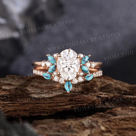 Moissanite Engagement Ring Set Oval Cut Moissanite Wedding Ring Set Marquise Cut Turquoise Ring Rose Gold Turquoise Band Promise Ring Set ⨞Handmade item                                                                                                       ⨞Materials: 14k, 18k Gold, Rose gold, White gold Ring size can be choose from the selection box. ⨞Engagement ring -Center Stone - Moissanite  Shape -Oval Cut  Size -6*8mm -Side Stones - Moissanite & Turquoise  Shape -Round & Marquise Cut  Weight Silver And Turquoise Engagement Ring, Silver Wedding Ring With Turquoise Band, Silver Turquoise Wedding Ring With Gemstone, Wedding Rings With Turquoise, Turquoise Wedding Ring With Center Stone, Turquoise And Moissanite Ring, Turquoise Fitted Wedding Sets, Turquoise Engagement Ring, Turquoise Wedding Rings