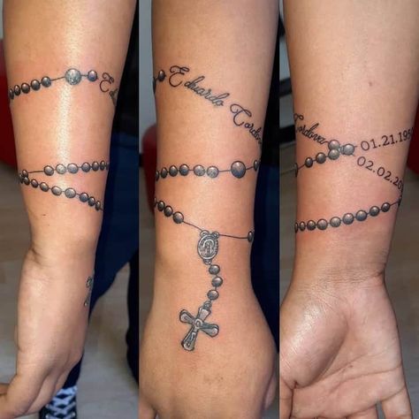 Memorial Finger Tattoo, Rosary Tattoo With Names, Chain Tattoos For Women, Rosery Beads Tattoo, Rosary Tattoo For Women Arm, Rosary Tattoo Wrist, Bracelet Tattoos With Names, Roseary Tattoo, Rosary Tattoo On Hand