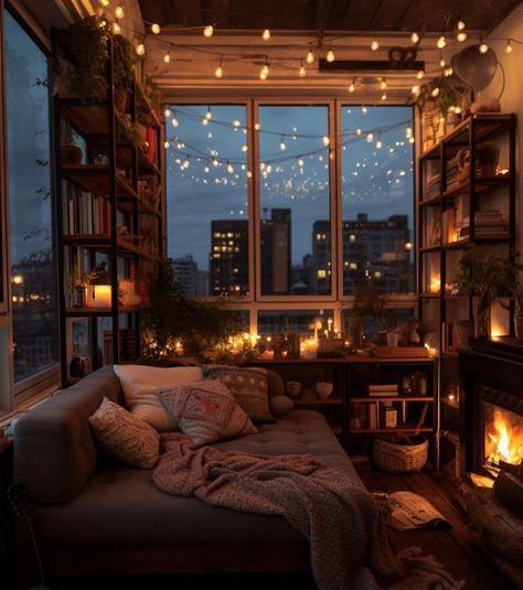 Dim Light Living Room, Cozy Loft Space, Snug Aesthetic, Cottage Living Rooms Cozy, Fairy Lights Living Room, Small Cozy Room, Warm Room Aesthetic, Cosy Home Interior, Cosy Living Room Ideas