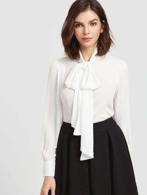 Shop White Bow Tie Neck Curved Hem Blouse online. SheIn offers White Bow Tie Neck Curved Hem Blouse & more to fit your fashionable needs. White Bow Tie, Bow Tie Blouse, Women Tie, Hem Blouse, Bow Blouse, Tie Neck Blouse, White Bow, Tie Blouse, Spring Shirts