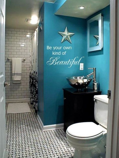 Beautiful teal bathroom wall with black and white flooring with wall mural stating "Be Your Own Kind of Beautiful" Teal Bathroom, Smart Tiles, Girls Bathroom, Coastal Chic, Chic Bedroom, Deep Teal, Beautiful Bathrooms, Kids' Bathroom, My New Room