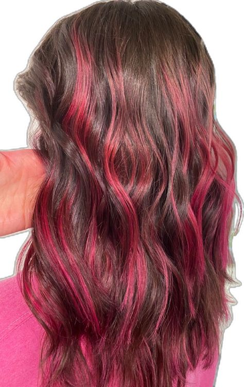 #pinkhair #pinkstreaks Balayage, Highlights Chocolate Brown Hair, Brown To Pink Balayage, Pink Hair Highlights, Pink Hair Streaks, Pink Balayage, Sunkissed Hair Brunette, Pink Hair Ideas, Dark Brunette Hair