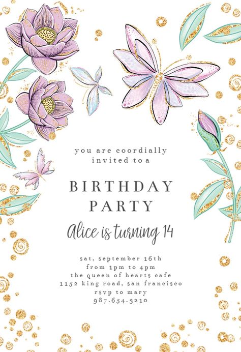 Birthday Invitation Design, Butterfly Invitations, Invitation Card Birthday, Greetings Island, Purple Birthday, Baby Shower Invitaciones, Birthday Card Template, Butterfly Birthday, Birthday Invitation Template