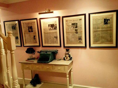 Framed newspaper Newspaper Display Ideas, Framing Newspaper Articles Display, Newspaper Decorations Wall, Newspaper Frame Ideas, Framed Newspaper Articles, Newspaper Office Aesthetic, Newspaper Article Display, Newspaper Office, Newspaper Display