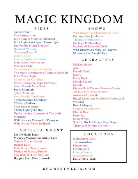 Disney Rides By Park 2023, Disney World Attractions List 2023, Disney World Ride List 2023, Map Of Magic Kingdom Disney World, Magic Kingdom Shopping, Magic Kingdom Map 2023, First Time Disney Trip Magic Kingdom, Rides At Magic Kingdom Disney World, Disney World Things To Do