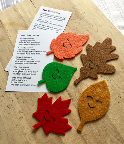 Five Little Leaves | Fall preschool, Preschool crafts, Autumn activities Felt Board Templates, Music Games For Kids, November Preschool, Felt Story, Flannel Board Stories, Childrens Poems, Felt Board Stories, Preschool Circle Time, Fall Preschool Activities