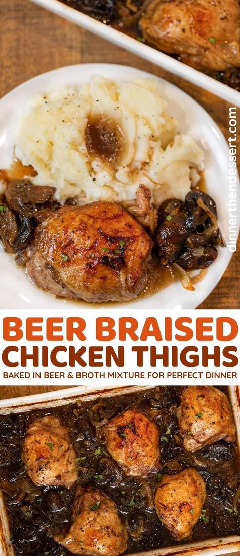 Beer Braised Chicken is an easy, one-pot weeknight dinner with only 10 minutes of prep! #dinner #chicken #chickenthighs #beer #braisedchicken #mushrooms #dinnerthendessert Dinner Chicken Thighs, Weeknight Dinner Chicken, Dutch Oven Chicken Thighs, Chicken With Onions, Beer Braised Chicken, Dutch Oven Chicken, Beer Dinner, Braised Chicken Thighs, Rotisserie Chicken Breast