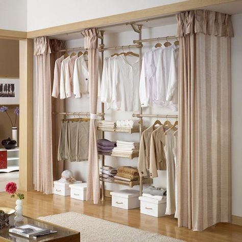 Tidy Curtain Closet Door Idea #closet #curtain #homedecor #decorhomeideas Curtain Closet, Curtain Wardrobe, Small Closet Door Ideas, Diy Kast, Curtains For Closet Doors, Ideas Armario, Kids Clothes Storage, Storage Door, Bedroom Closet Doors