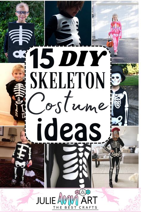 DIY Skeleton Costume Ideas 1 How To Make A Skeleton Costume, Group Skeleton Costume, Creative Skeleton Costume, Diy Spooky Halloween Costumes, Homemade Skeleton Costume, Homemade Skeleton Costume Diy, Skeleton Mask Diy, Diy Skeleton Costume Kids, Easy Skeleton Makeup Diy Kids