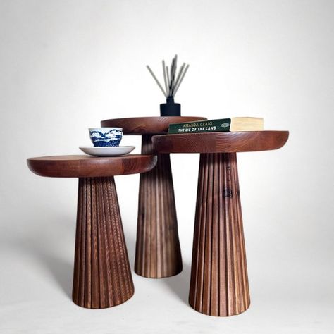 Fluted Walnut Mushroom Solid Wood Round End Table | Ribbed Walnut Colour Side Table Walnut Side Table Living Rooms, Walnut Wood Color, Sitting Room Design, Condo Furniture, Standing Table, Walnut Side Tables, Round Wood Coffee Table, Walnut Coffee Table, Black Side Table