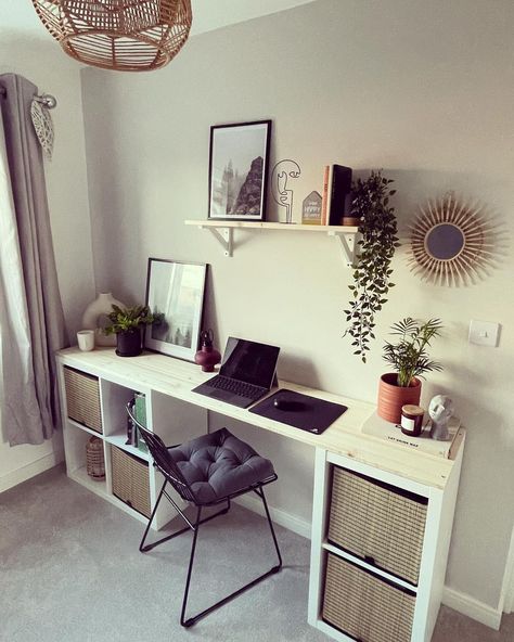 Annie on Instagram: “◼️▫️DIY desk reveal▫️◼️ So here it is, my little desk area, and my god I absolutely love it 😍😍 How this came to happen is quite funny! I…” Kids Desk Area Ikea, Kallax Computer Desk, Cube Shelf Desk Hack, Desk And Toy Storage, Diy Desk With Cube Storage, Diy Kallax Desk, Kallax Lagkapten Desk Ideas, Diy Desk With Shelves, Over Desk Storage