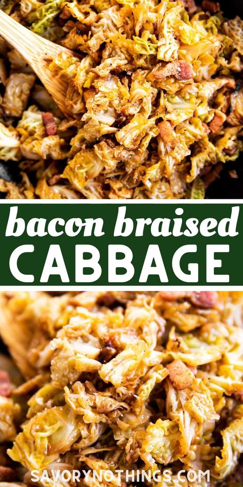 This Bacon Braised Cabbage is a quick and easy vegetable side dish to make with a hearty dinner. Full of flavor from the caramelized cabbage, it’s perfect for winter. | #fallrecipe #sidedish #bacon #easyrecipes Easy Vegetable Side Dish, Cabbage Side Dish, Easy Vegetable Side Dishes, Braised Cabbage, Irish Cuisine, Vegetable Side Dish, Cabbage Recipe, Cabbage And Bacon, Easy Vegetable