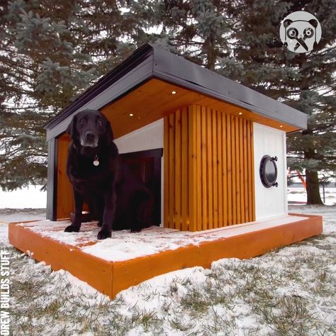 How to build a heated dog house | house | How to build a heated dog house Partner: Drew Builds Stuff YT: https://www.youtube.com/watch?v=QCOtWEFA6nc | By Bored Panda Art Dog House Design, Heated Dog House, Fancy Dog Houses, Easy Dog House, Dog House With Porch, Dog Room Design, Long Pendant Light, Outside Dog Houses, Big Dog House