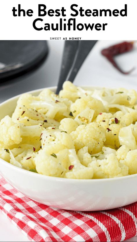 An easy 15 minutes Steamed Cauliflower recipe perfect as a low-carb keto friendly side dish or light dinner. Cauliflower Keto, Best Cauliflower Recipe, Low Carb Side Dish, Low Carb Side, Raw Cauliflower, Steamed Cauliflower, Cauliflower Recipe, Steam Recipes, Cauliflower Bites